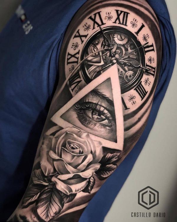 Realistic rose and clock with all seeing eye tattoo
