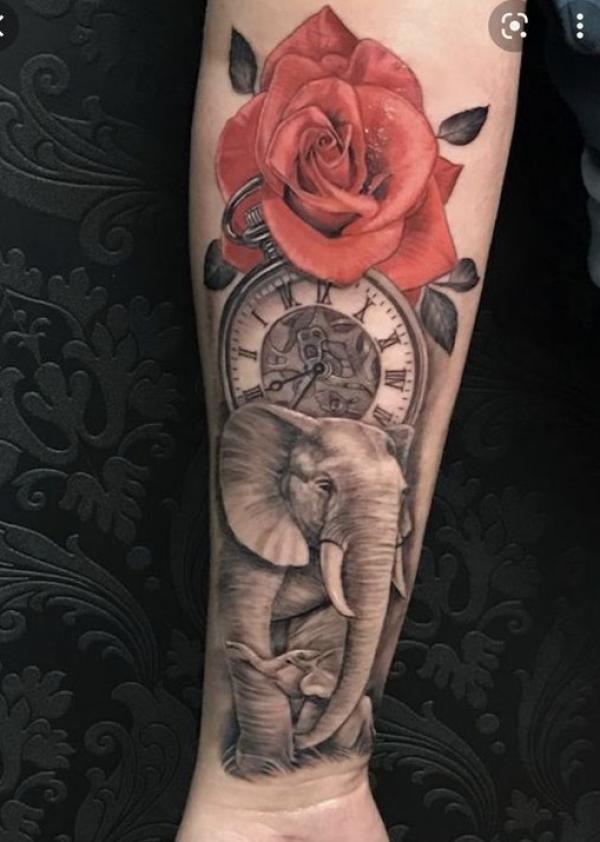 Realistic rose and pocket watch with elephant tattoo