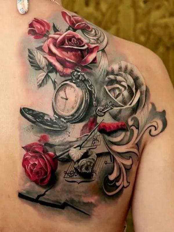 Red and grey roses and realistic pocket watch with music note tattoo shoulder blade