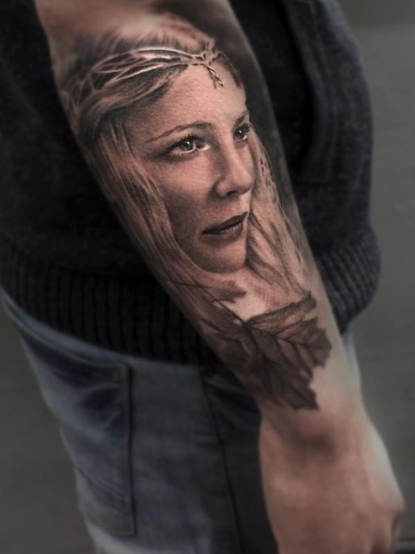 Releastic Galadriel portrait tattoo forearm