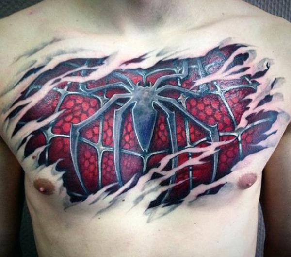 Ripped skin Spiderman spider chest tattoo