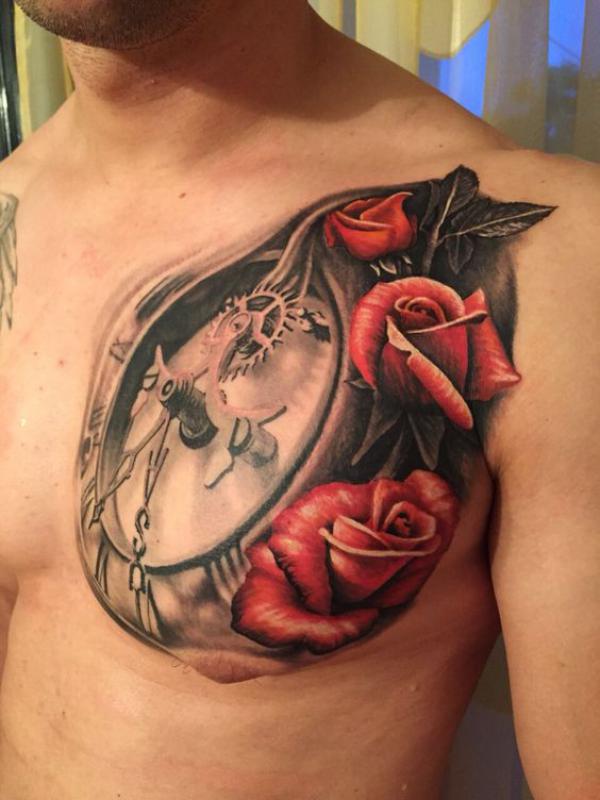 Rose and clock chest tattoo