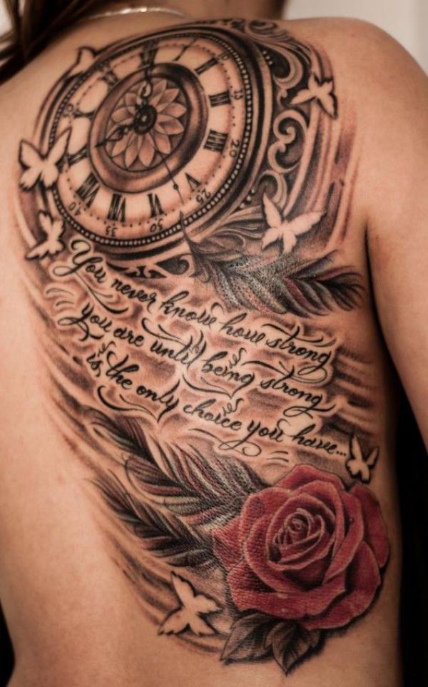 Rose and clock tattoo with quote You never know how strong you are until being strong is the only choice you have