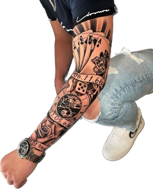 Rose and clock with cards tattoo sleeve