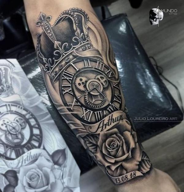 Rose and clock with crown and ribbon wrapped with name and date tattoo