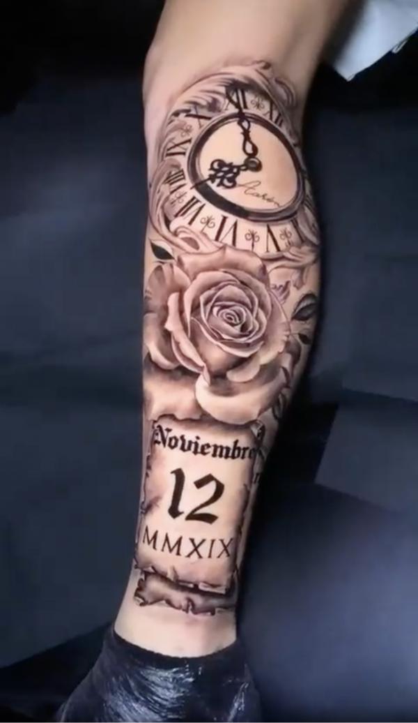 Rose and clock with date tattoo lower leg