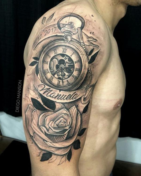 Rose and pocket watch with name tattoo black and grey