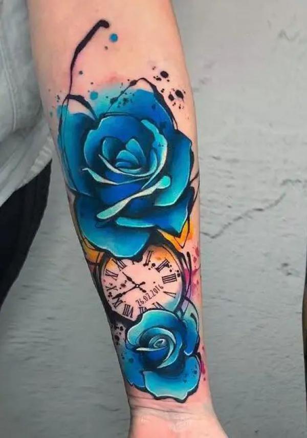 Small clock and blue roses tattoo watercolor