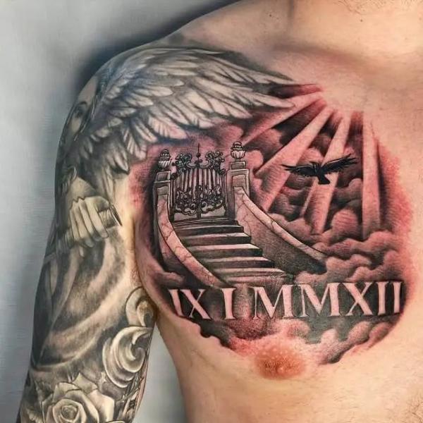 Staircase to heaven tattoo on one side of chest