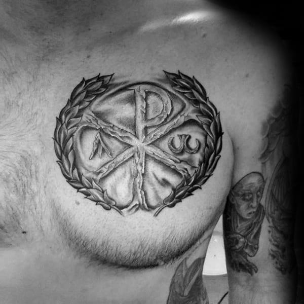 Stone Chi Rho with Laurel wreath chest tattoo