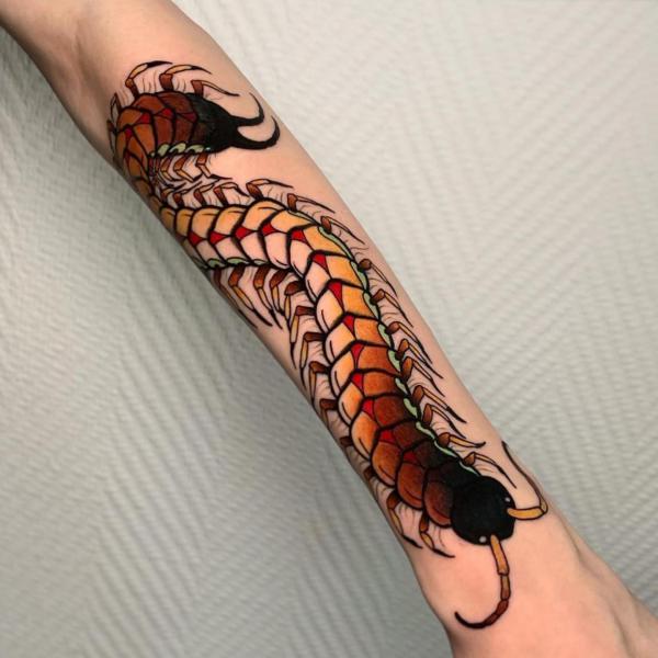 Traditional Centipede Tattoo outer forearm