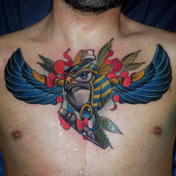 Traditional Horus with wings chest tattoo