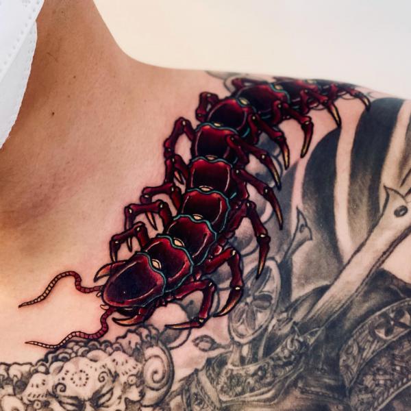 Traditional centipede tattoo shoulder