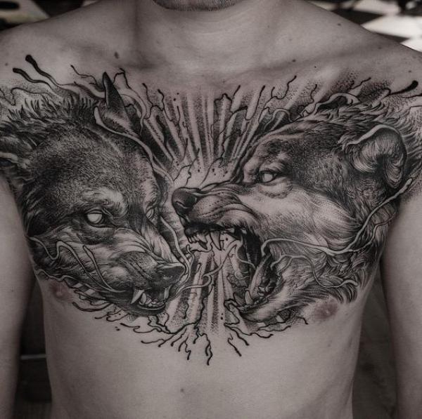 Two Fenrir chest tattoo