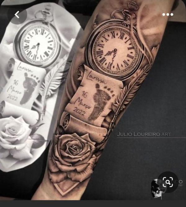 Vintage pocket watch and rose with feather quill pen and notes tattoo