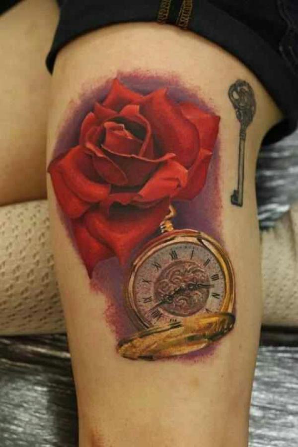 Vintage rose and pocket watch with key tattoo