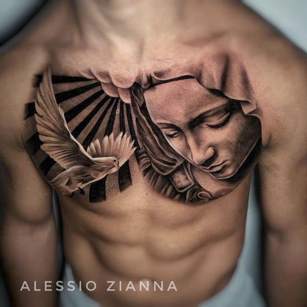 Virgin Mary and dove tattoo chest
