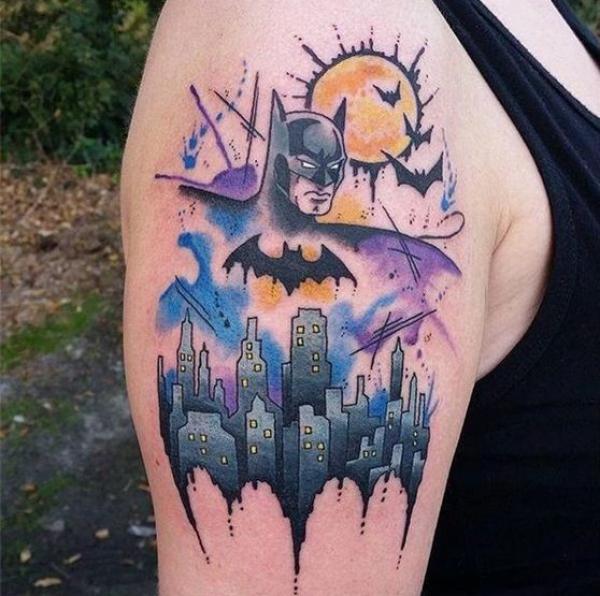 Watercolor batman bats and moon tattoo