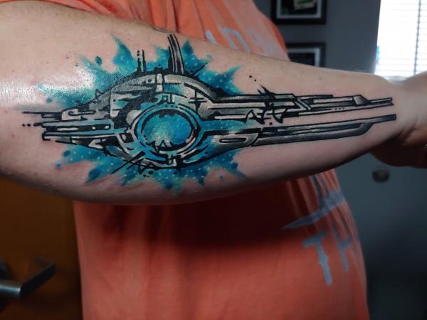 Watercolor citadel tattoo forearm