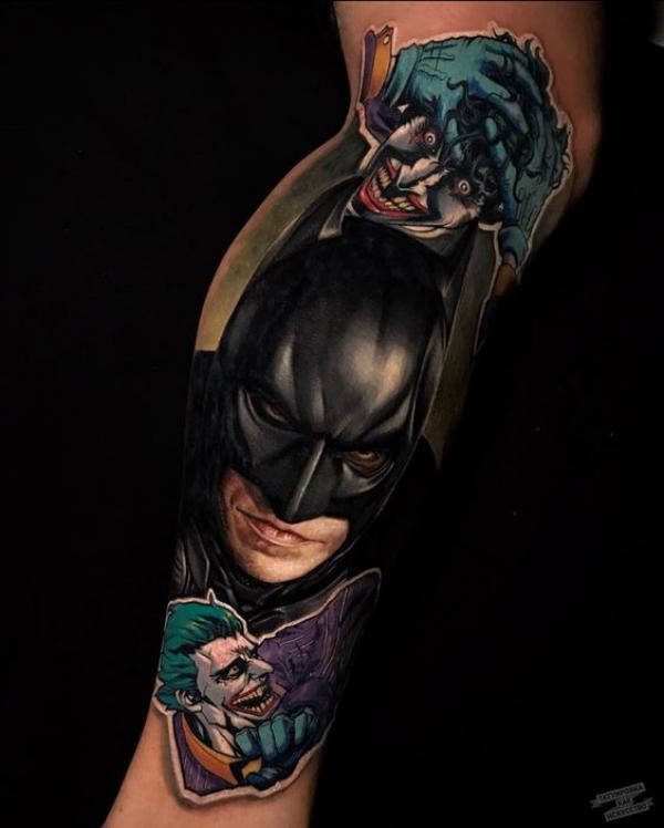 batman and joker lower leg tattoo