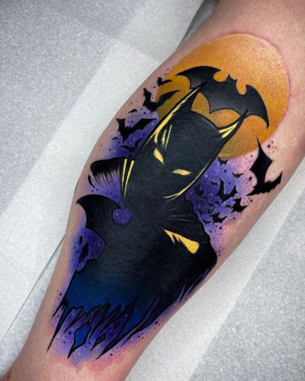 batman and moon tattoo calf