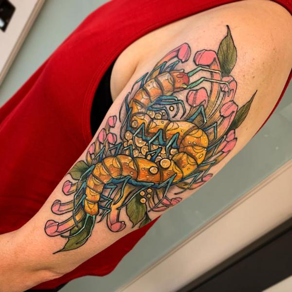 centipede in chrysanthemum tattoo traditional