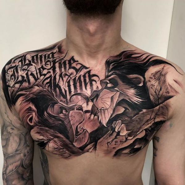 chimpanzee and lion chest tattoo for men