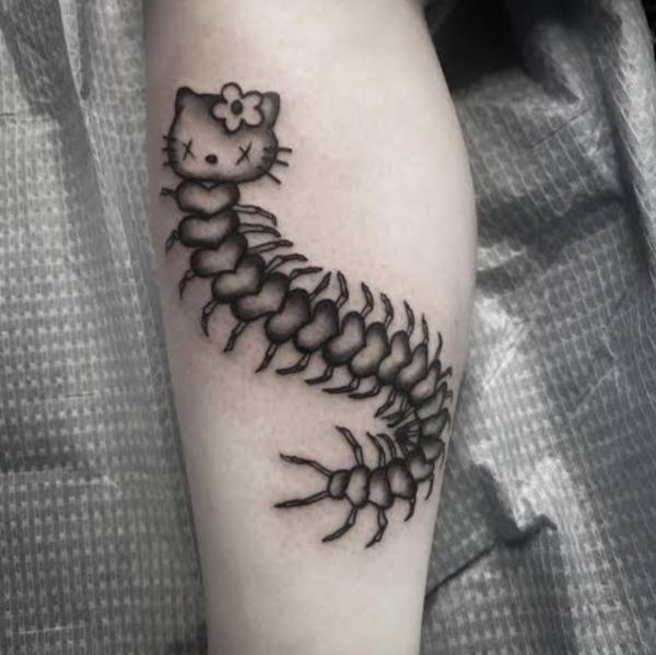 hello kitty centipede tattoo black and white