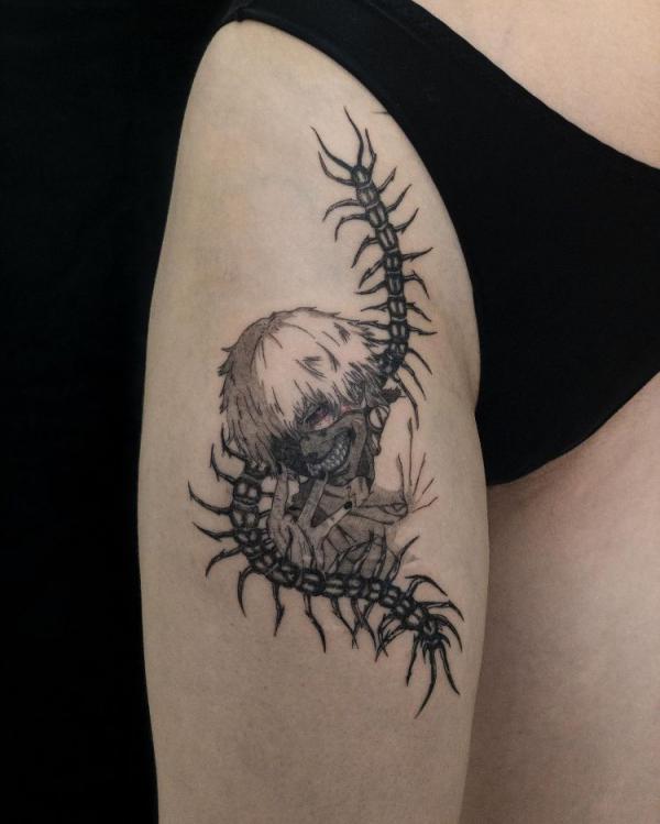 kaneki centipede tattoo thigh