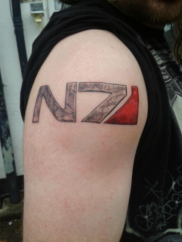 mass effect N7 logo tattoo shoulder
