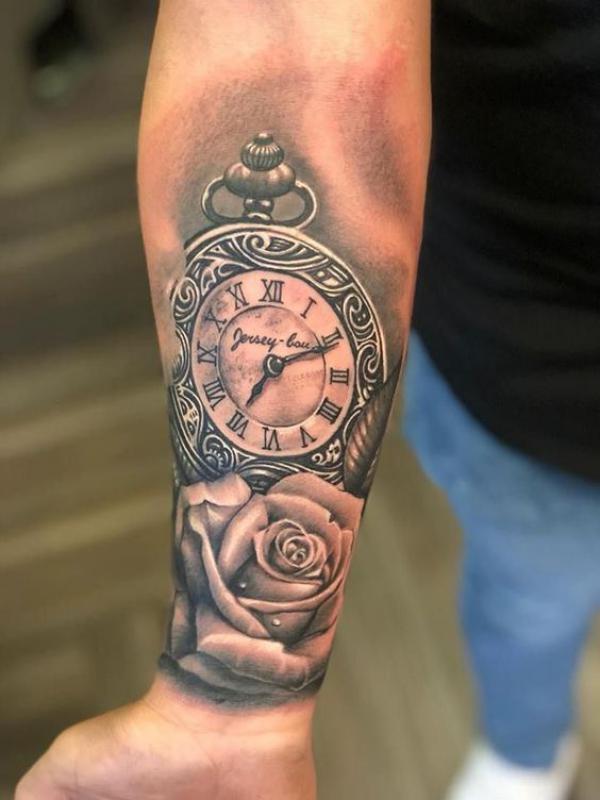 rose and pocket watch inner forearm tattoo