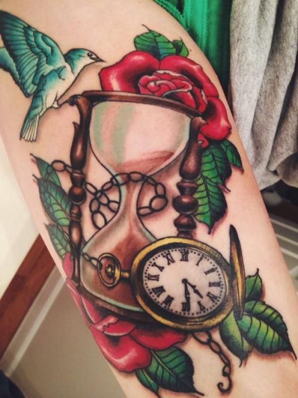 rose and pocket watch with bird and hourglass tattoo traditional