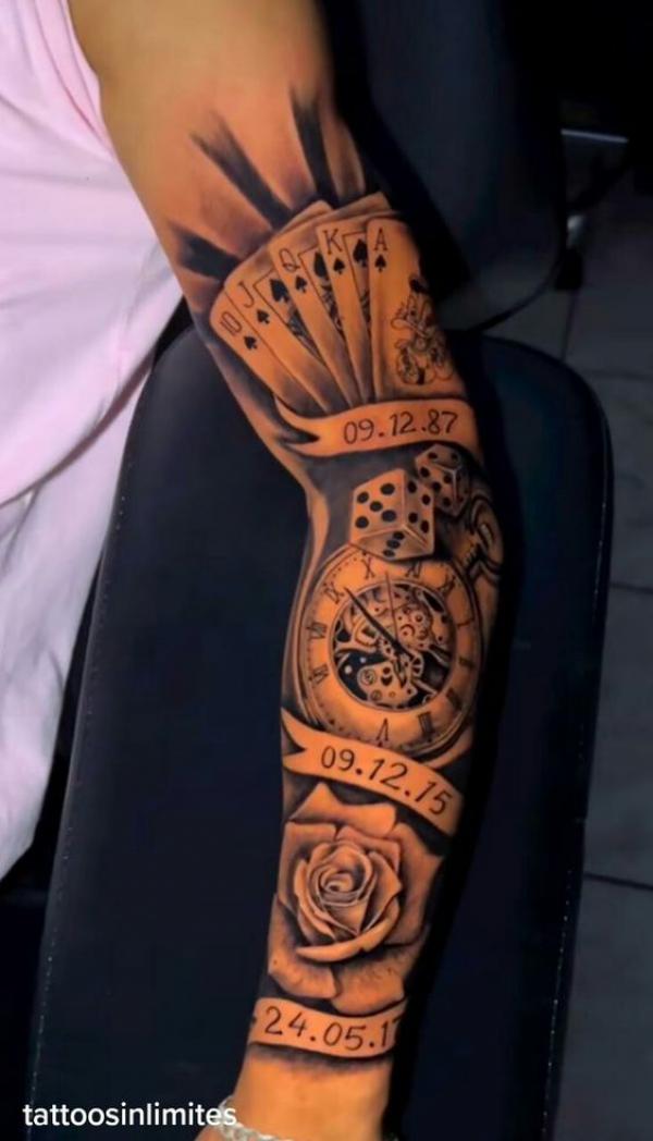 rose and pocket watch with dice and playing cards tattoo