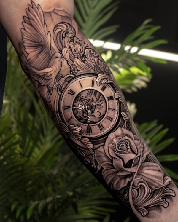 rose and pocket watch with dove and swirls tattoo
