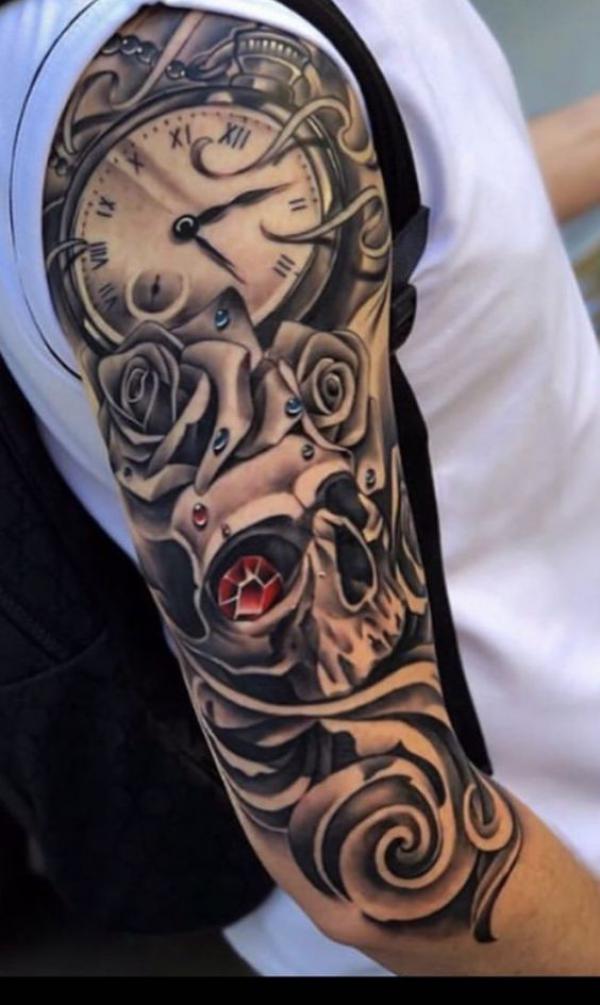 rose and pocket watch with skull tattoo half sleeve