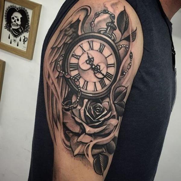 rose and pocket watch with wing tattoo half sleeve