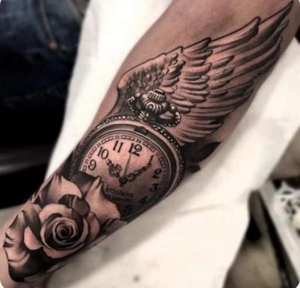 rose and pocket watch with wing tattoo