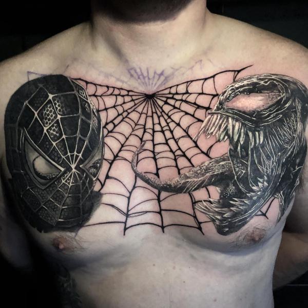spider man and venom tattoo chest