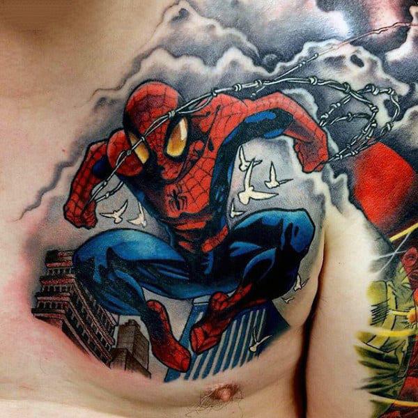 spiderman with barbed wire chest tattoo