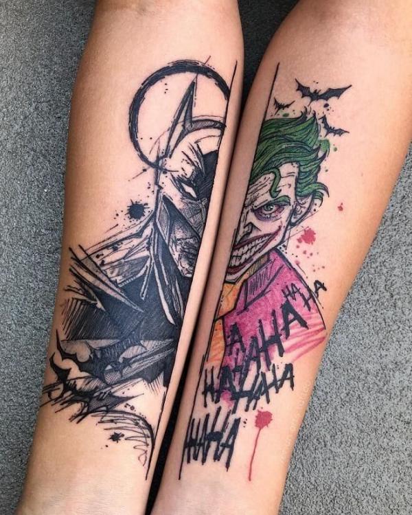 spooky batman and joker tattoo on forearms